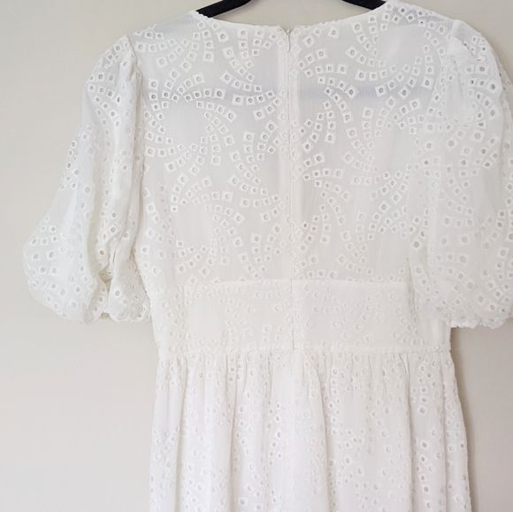 SHOSHANNA Jordi Optic White Eyelet Puff Sleeve V Neck Asymmetrical Midi Dress - Picture 7 of 9